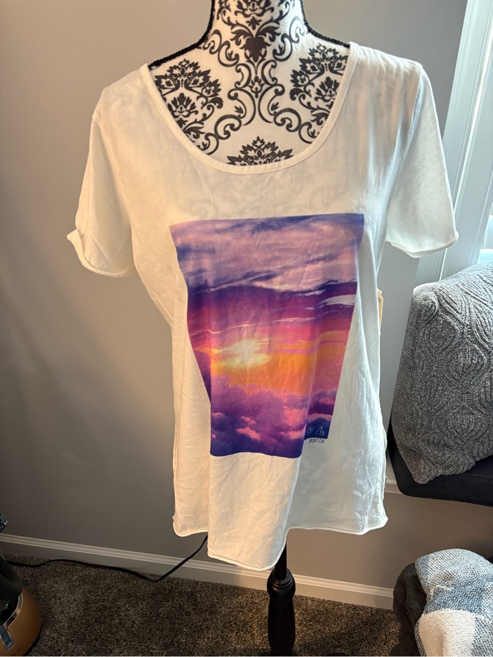 Women’s White Scoop Neck Graphic Tee with Sunset Print
